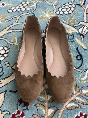 Chloe Brown Scalloped Suede Ballet Flats